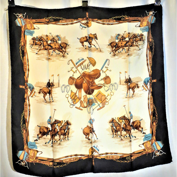 Gucci Equestrian Polo Themed Vintage Silk Scarf - Picture 1 of 5